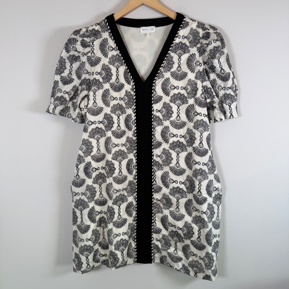 Entro Art Deco Shell Print Shift Mini Dress Large White Black Puff Sleeve V-Neck